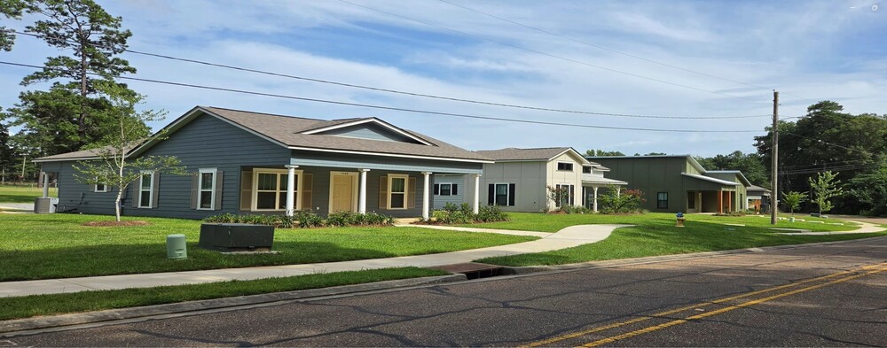 A blue house with white columns with plants out front.